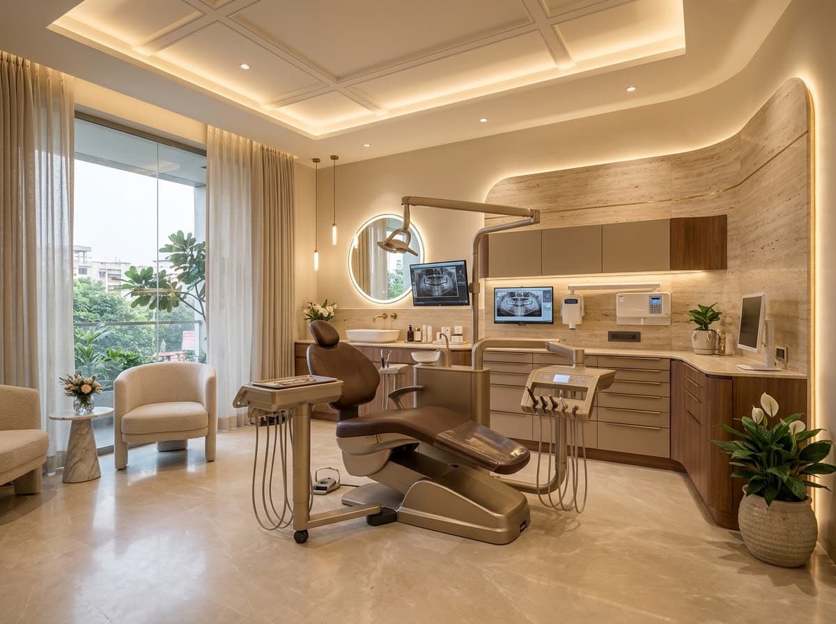 Private dental and aesthetic treatment suite at Dant काया in Patna with 3D digital imaging monitors and ergonomic treatment chair